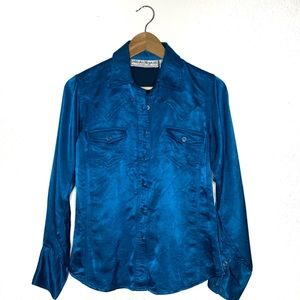 ADOBE ROSE Vintage Teal Satin Button Down Shirt